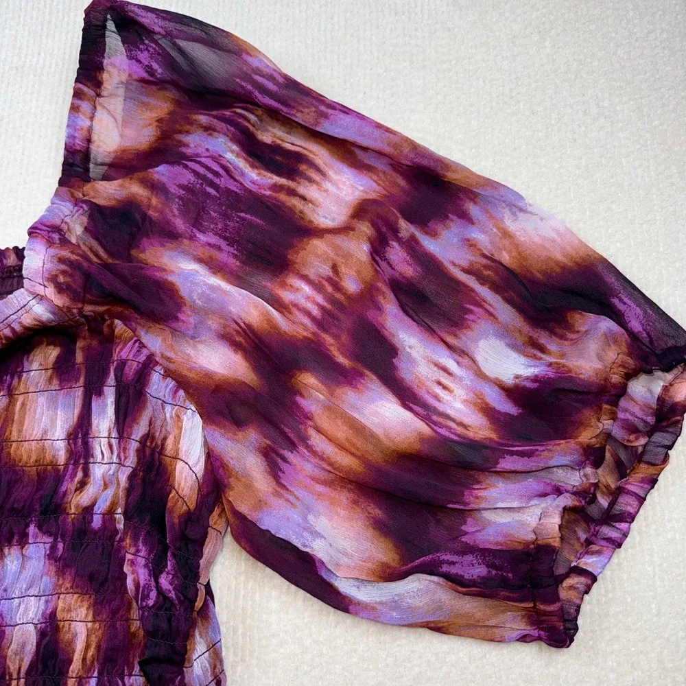 Old Navy Blouse Womens XL Purple Tie Dye Smocked Puff Sleeve Square Neck Boho‎